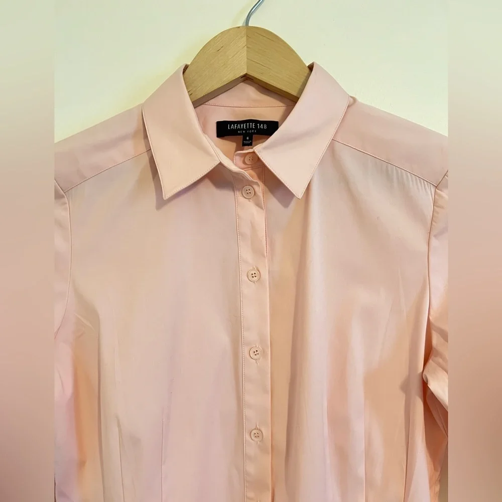 Lafayette 148 Designer Women Button Up Shirt sz 6 Peach Pleated Business Casual - Picture 4 of 16